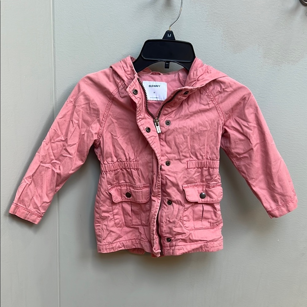 Old Navy Pink Raincoat with Hood and Elastic Waist